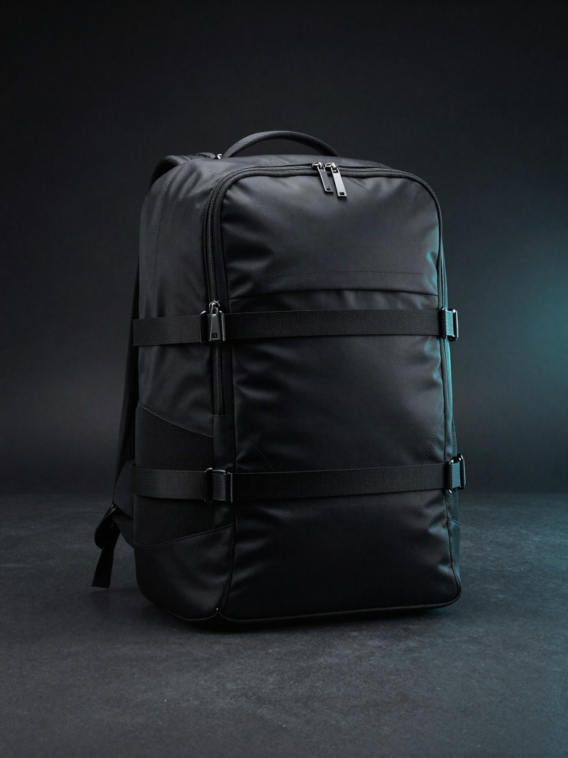 Sac à dos Voyra One noir mat en studio, éclairage cinématique