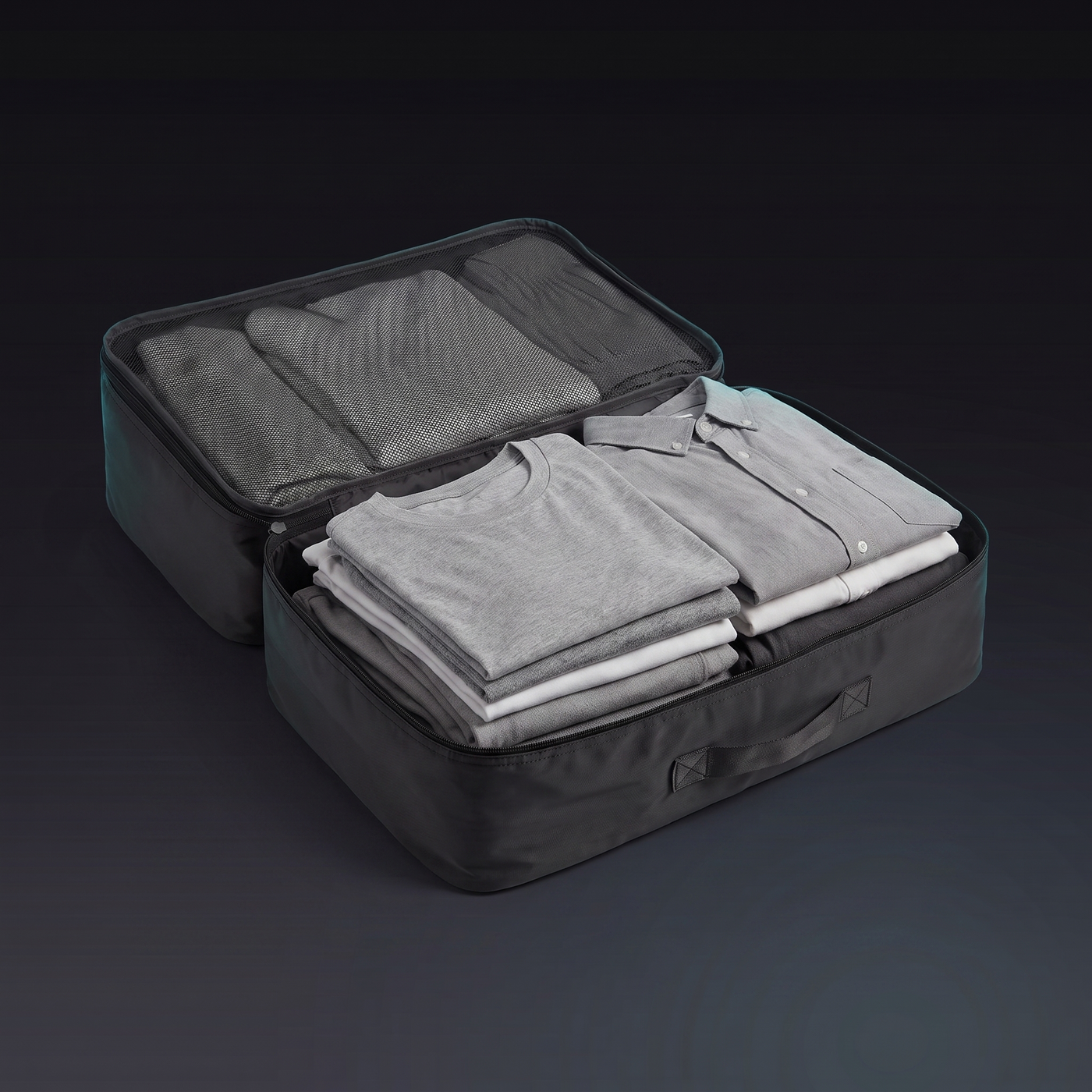 Set d'organiseurs Voyra — cube ouvert avec vêtements pliés