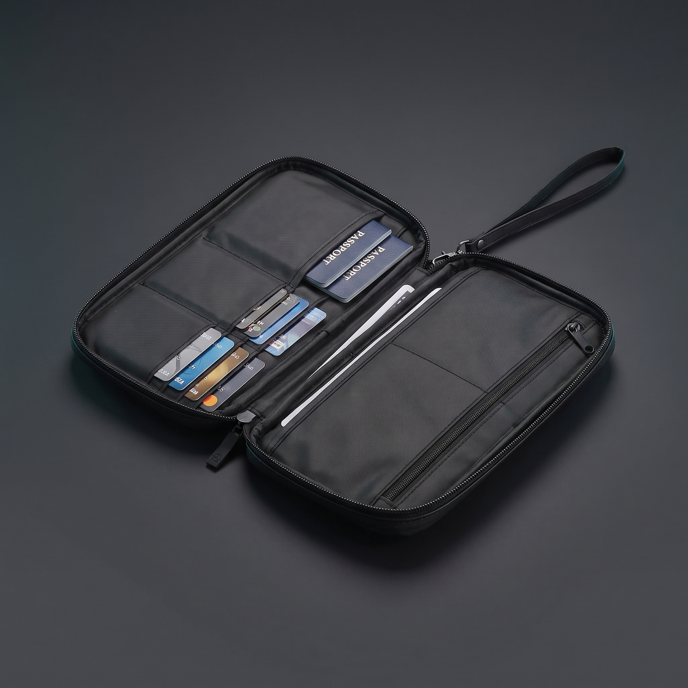 Pochette de voyage Voyra — intérieur ouvert, passeports et cartes