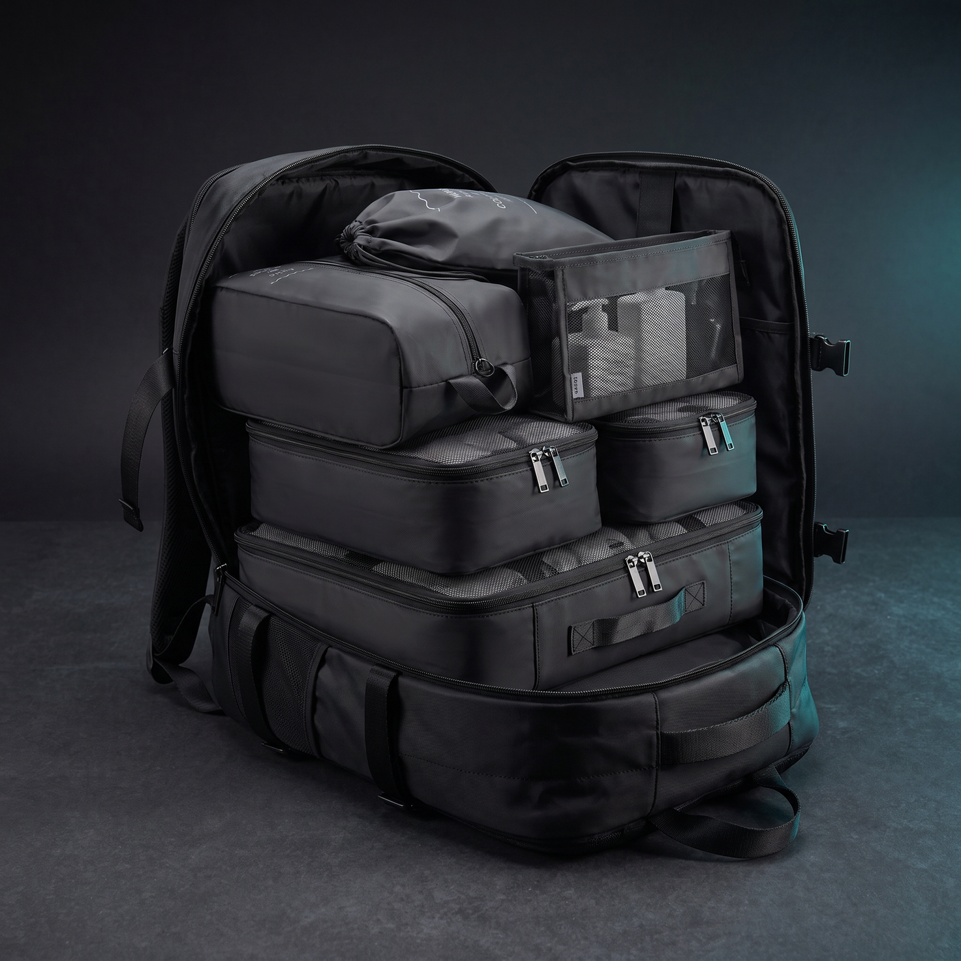 Sac Voyra One ouvert rempli des cubes de rangement du pack