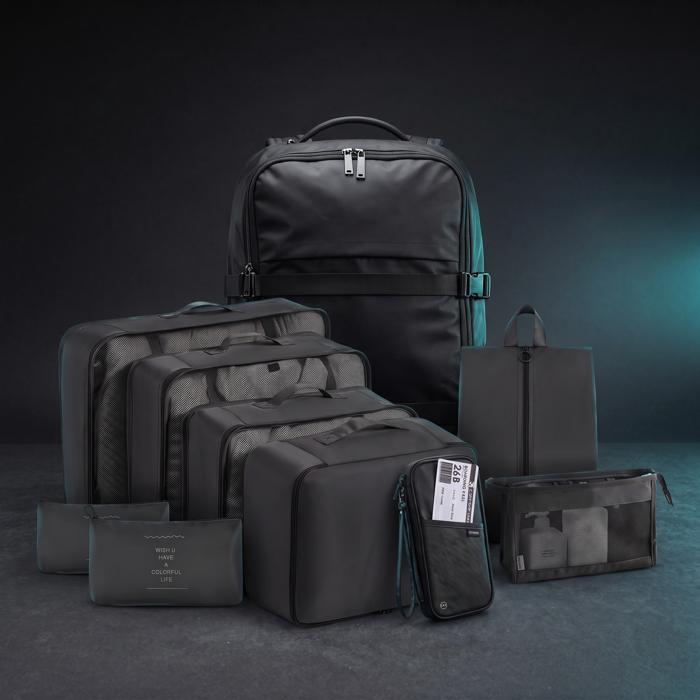 Pack Voyage Complet VOYRA — sac, organiseurs et pochette réunis en studio