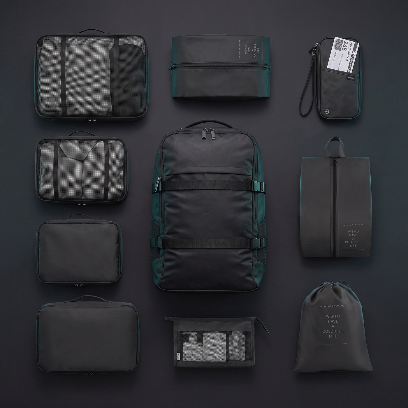 Pack Voyage Complet VOYRA — vue à plat du kit complet